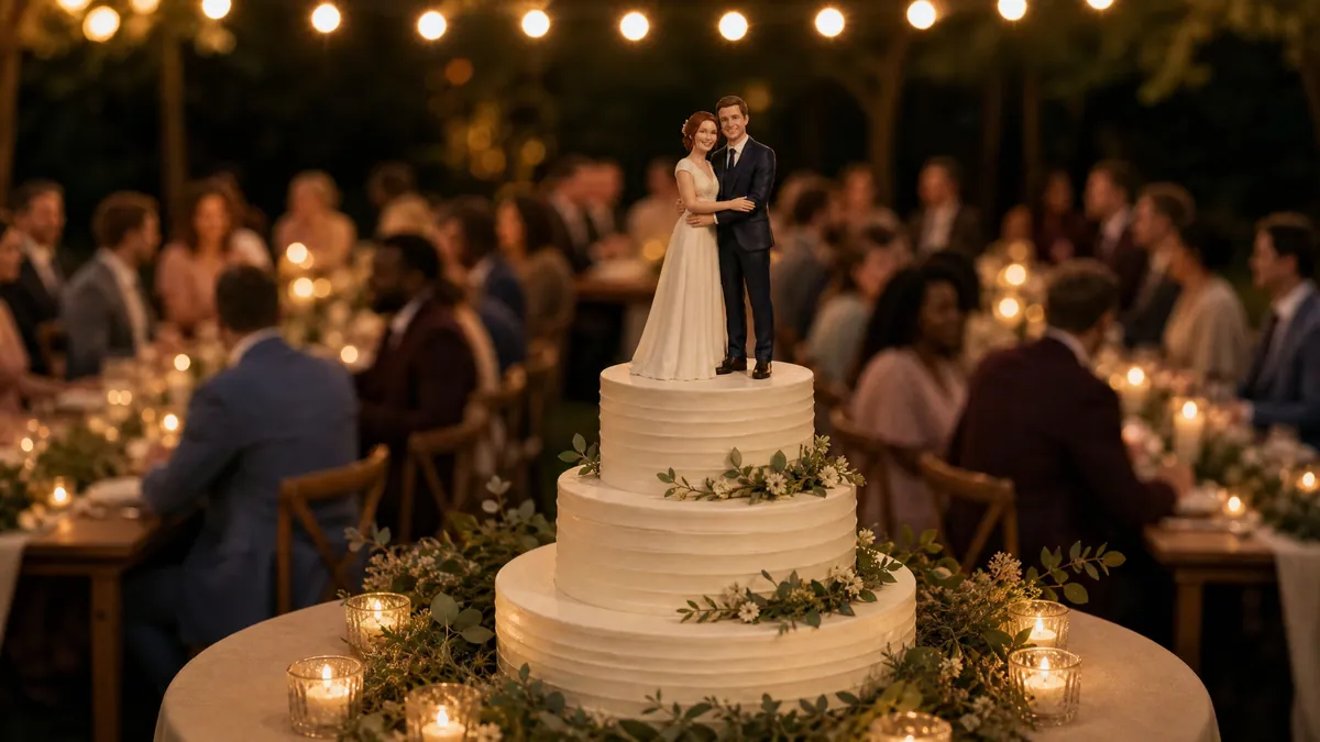 A finished cake topper on a styled wedding cake.