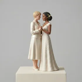 Custom same-sex wedding cake topper of two brides on a shelf.