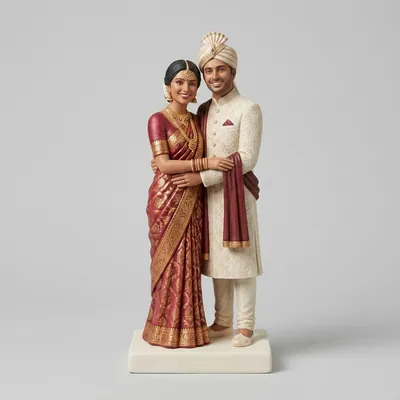 Custom wedding cake topper of a couple in a saree and sherwani.