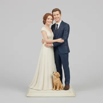 Custom wedding cake topper of a couple with their dog, displayed on a shelf.