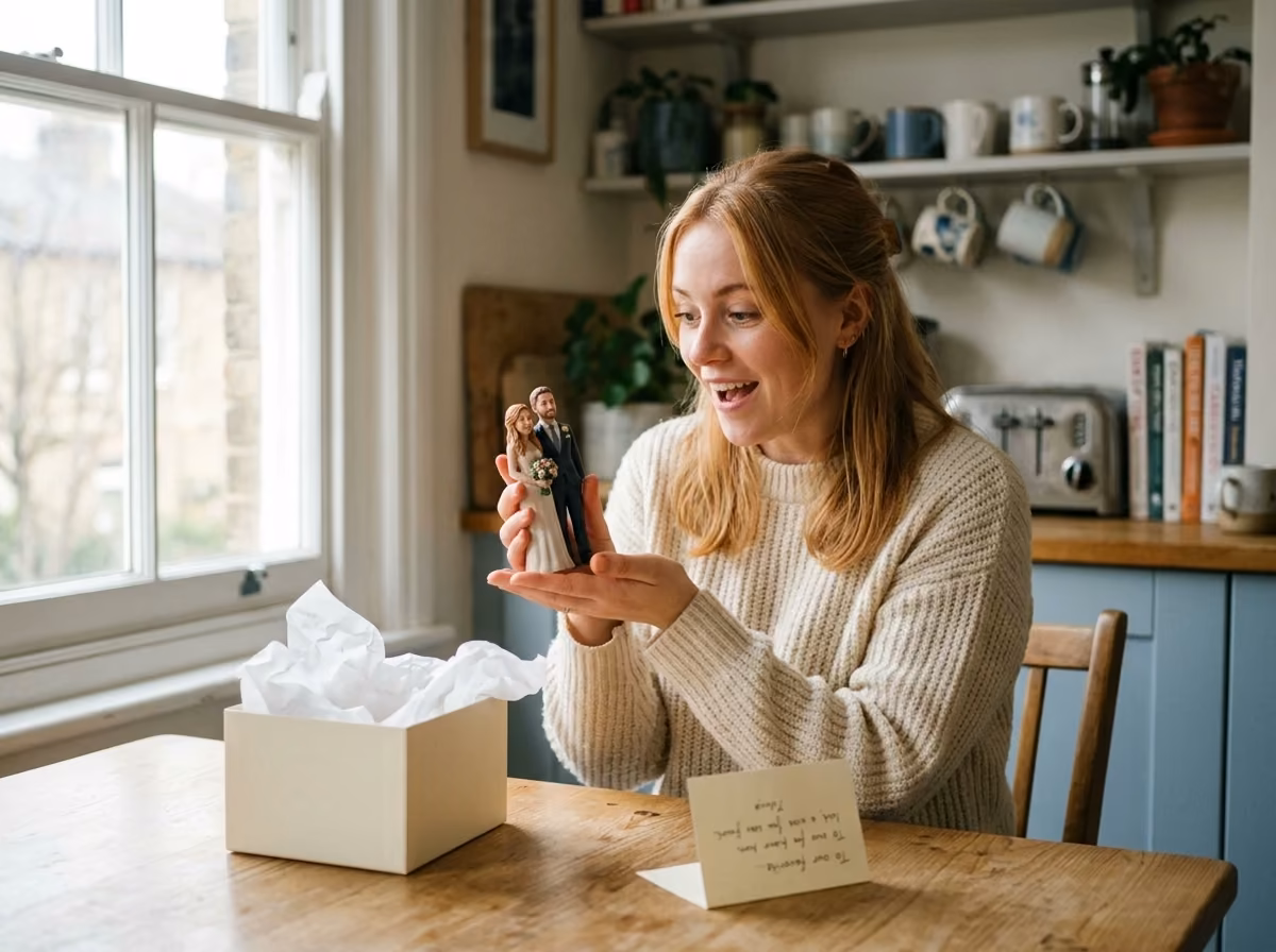 A woman holding a finished custom cake topper at a warm-lit table.